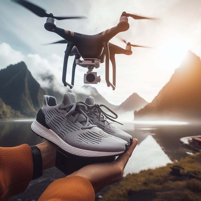 drone svæver over et produkt skud af en sneaker til en video produktion