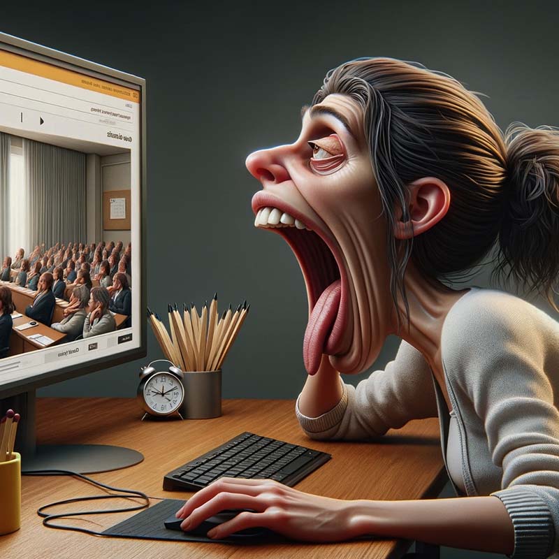 Beamup Visuals om at sætte turbo på webinarer og onlinekurser. På billedet ser vi en kvinde der keder sig foran et webinar.