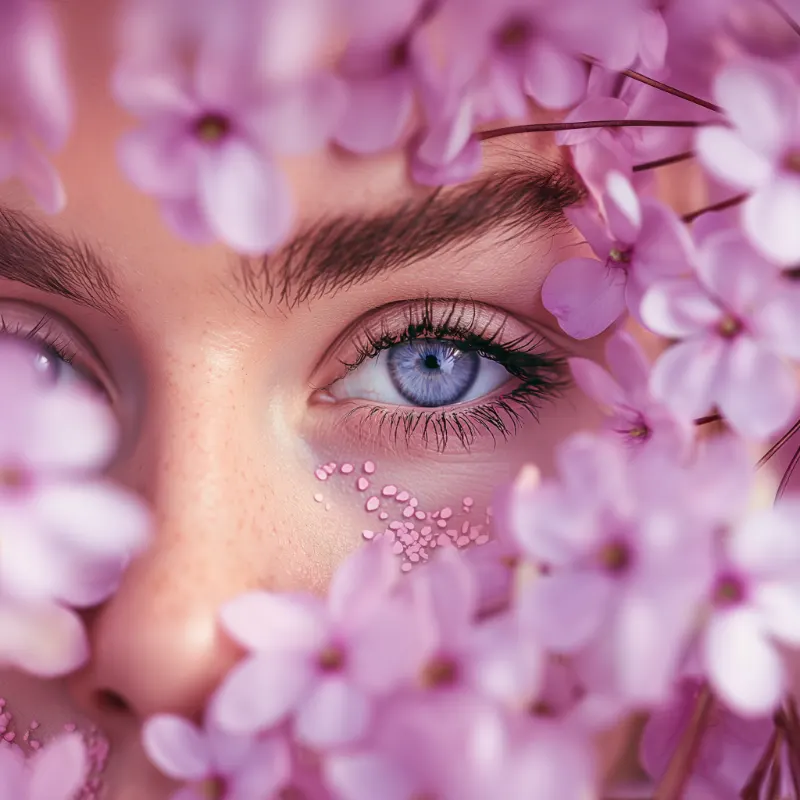 skab professionelle billeder med AI, som f.eks. et macro foto af en kvinde med blomster i lyserøde toner.